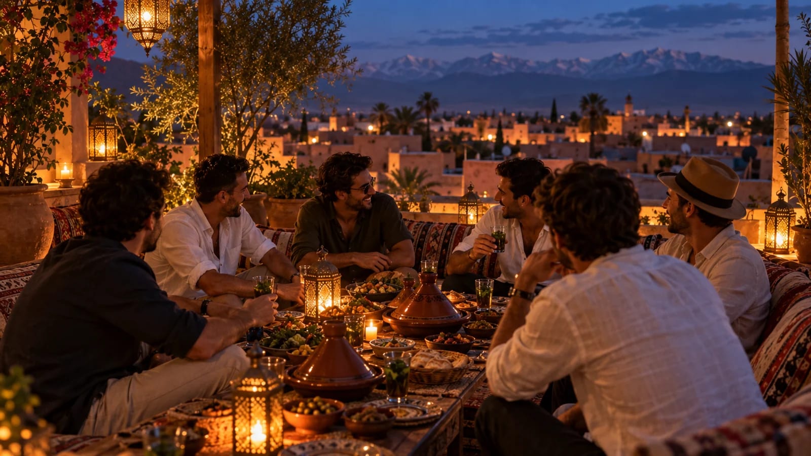 חבורת חברים בארוחת ערב על גג במרקש, האטלס באופק