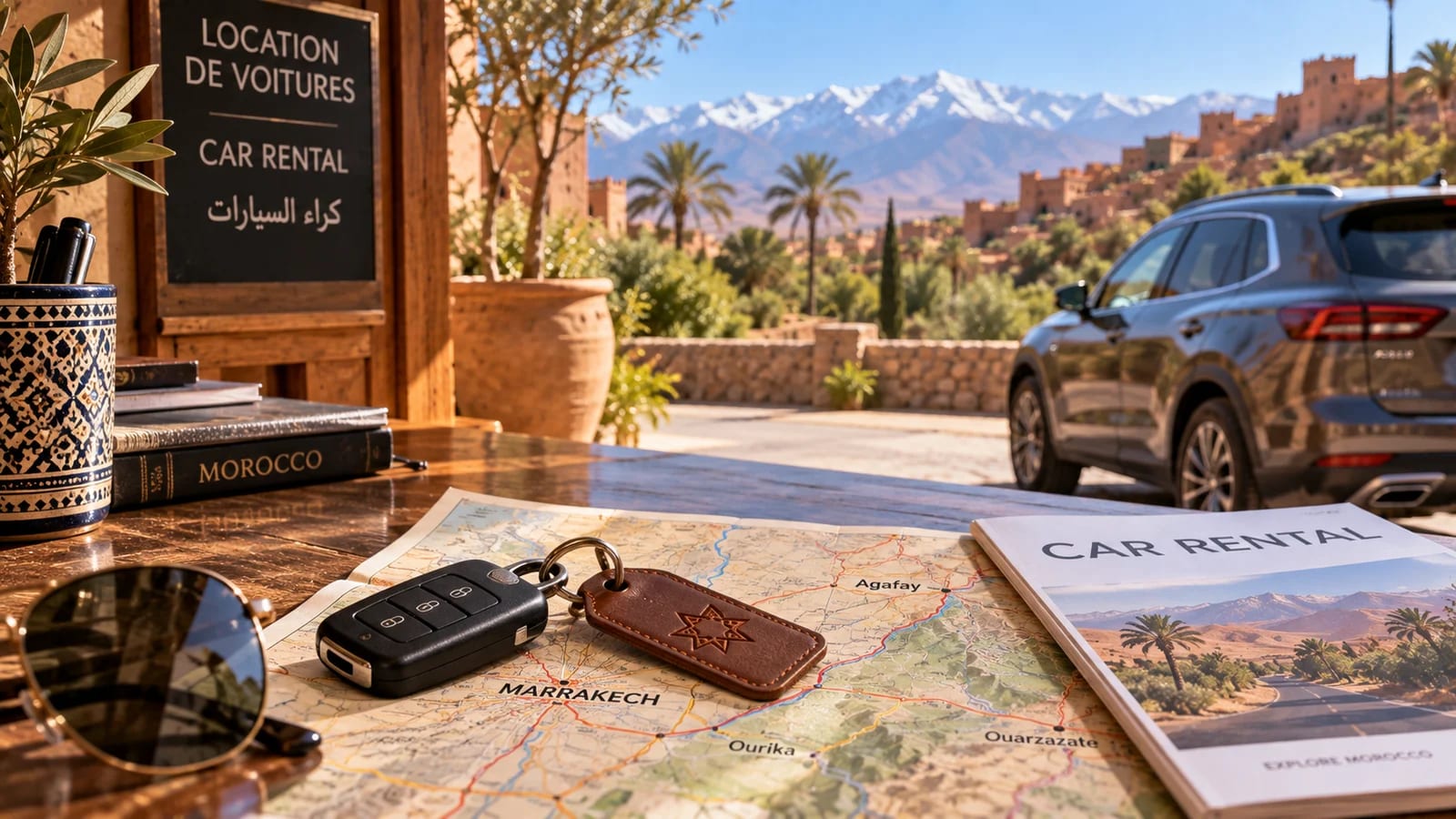 Illustration : une clé et un plan de Marrakech sur un comptoir de location, avec une voiture et l'Atlas en arrière-plan.