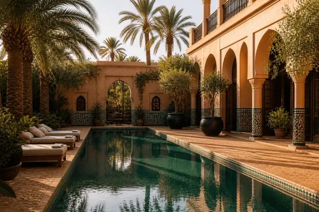 Villa de style marocain à Marrakech avec piscine privée, palmiers et arcades