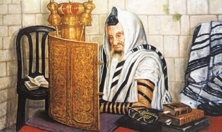 הציור Holly Baba Sali של בבא סאלי עטוף בטלית ומניח תפילין