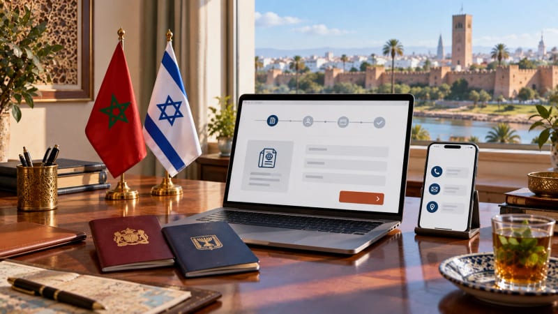 שולחן עבודה עם דגלי מרוקו וישראל, שני דרכונים ומחשב נייד, ורבאט ברקע